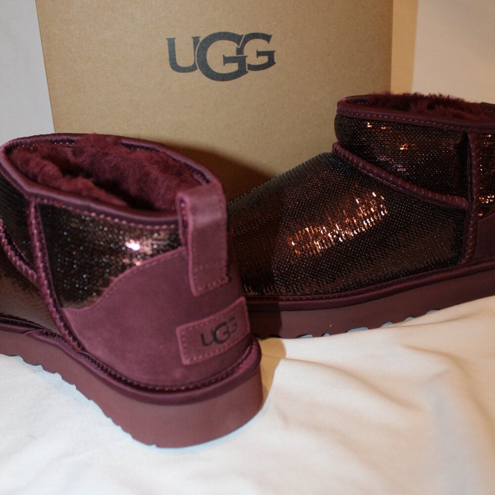 NIB UGG ULTRA MINI BURGUNDY‎ SEQUIN SHEARLING LINED ANKLE BOOTS - Picture 3 of 8
